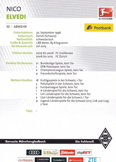 Autogramm Fussball | Borussia Mönchengladbach | 2016 | Nico ELVEDI