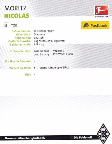 Autogramm Fussball | Borussia Mönchengladbach | 2016 | Moritz NICOLAS