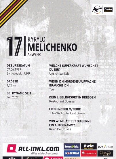 Autogramm Fussball | Dynamo Dresden | 2022 | Kyrylo MELICHENKO