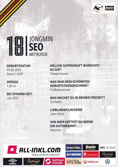 Autogramm Fussball | Dynamo Dresden | 2022 | Jongmin SEO