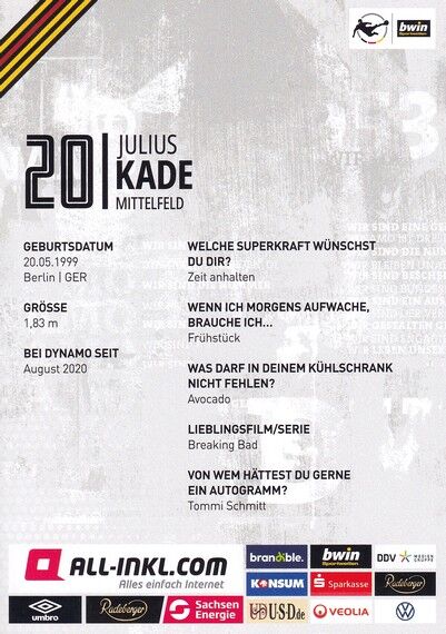 Autogramm Fussball | Dynamo Dresden | 2022 | Julius KADE