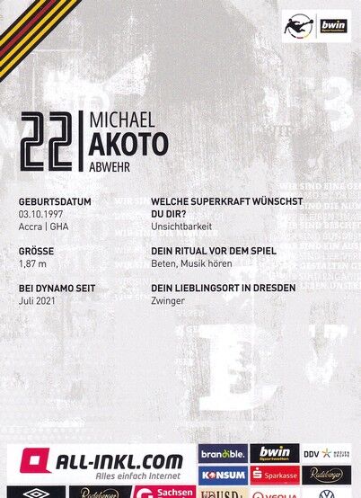 Autogramm Fussball | Dynamo Dresden | 2022 | Michael AKOTO