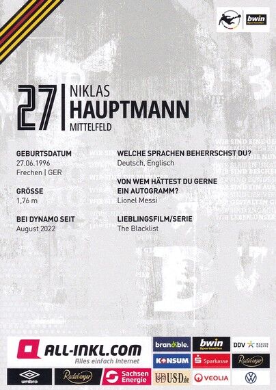 Autogramm Fussball | Dynamo Dresden | 2022 | Niklas HAUPTMANN