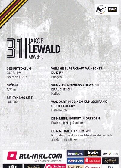 Autogramm Fussball | Dynamo Dresden | 2022 | Jakob LEWALD
