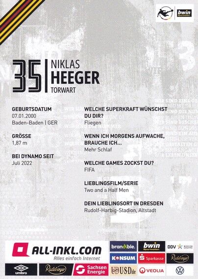 Autogramm Fussball | Dynamo Dresden | 2022 | Niklas HEEGER