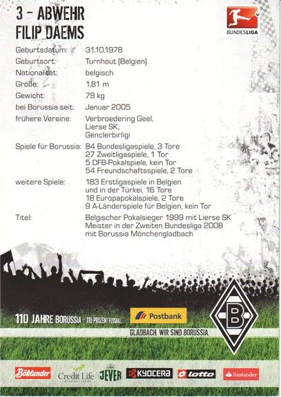 Autogramm Fussball | Borussia Mönchengladbach | 2010 | Filip DAEMS