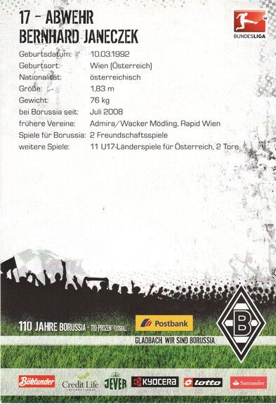 Autogramm Fussball | Borussia Mönchengladbach | 2010 | Bernhard JANECZEK