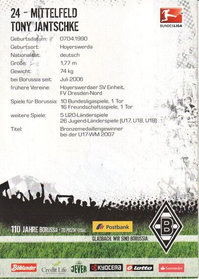 Autogramm Fussball | Borussia Mönchengladbach | 2010 | Tony JANTSCHKE 