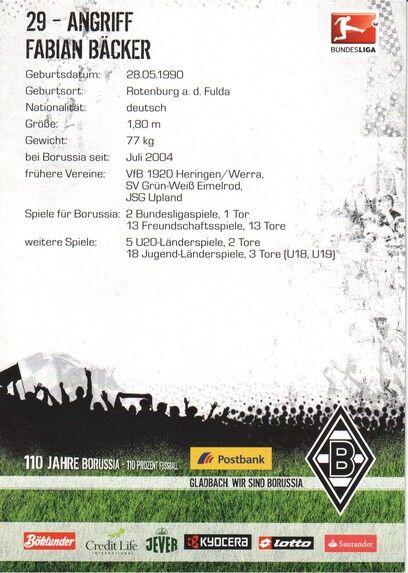 Autogramm Fussball | Borussia Mönchengladbach | 2010 | Fabian BÄCKER
