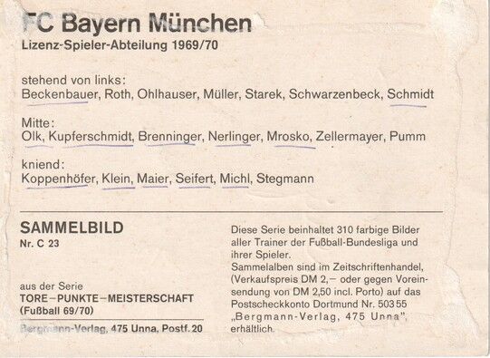 Mannschaftskarte Fussball | FC Bayern München | 1969 + 12 AG (Bergmann)