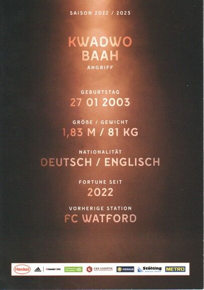 Autogramm Fussball | Fortuna Düsseldorf | 2022 | Kwadho BAAH