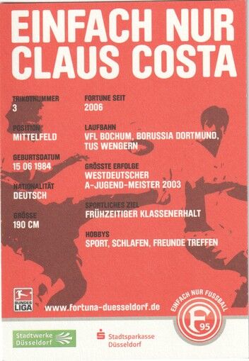 Autogramm Fussball | Fortuna Düsseldorf | 2009 | Claus COSTA