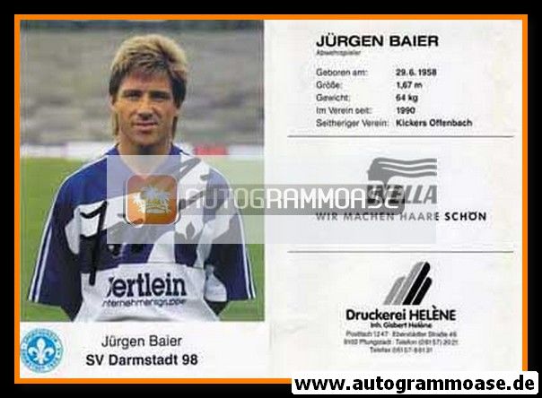 Autogramm Fussball | SV Darmstadt 98 | 1991 | Jürgen BAIER