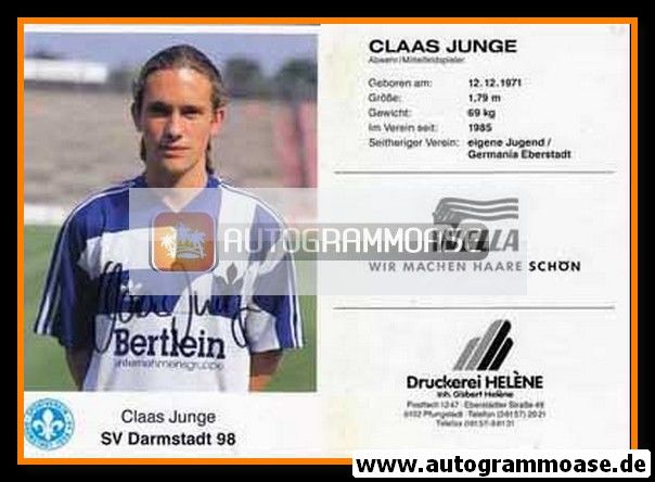 Autogramm Fussball | SV Darmstadt 98 | 1991 | Claas JUNGE