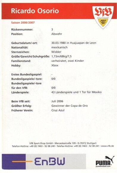 Autogramm Fussball | VfB Stuttgart | 2006 | Ricardo OSORIO
