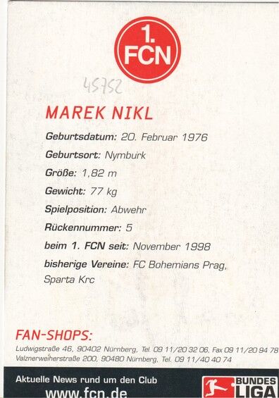Autogramm Fussball | 1. FC Nürnberg | 2002 | Marek NIKL