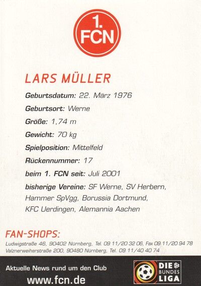 Autogramm Fussball | 1. FC Nürnberg | 2001 | Lars MÜLLER