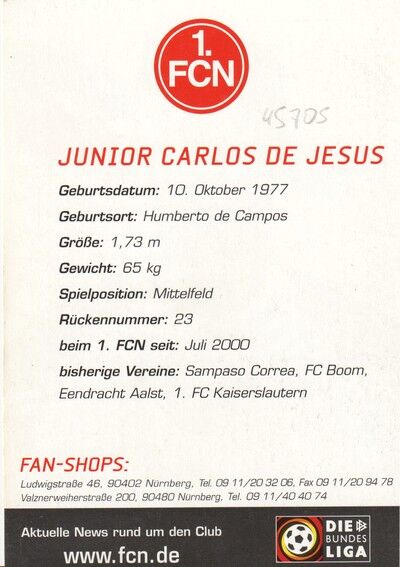 Autogramm Fussball | 1. FC Nürnberg | 2001 | Junior CARLOS DE JESUS