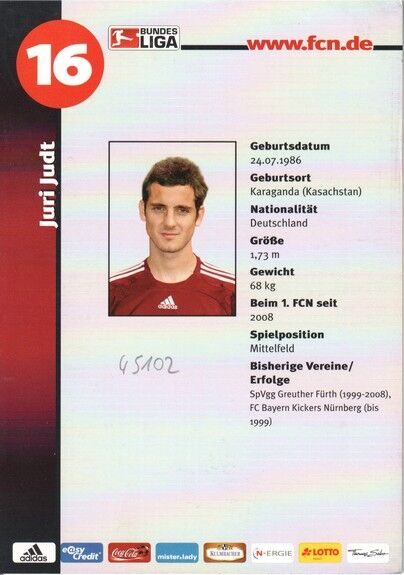 Autogramm Fussball | 1. FC Nürnberg | 2008 Portrait | Juri JUDT