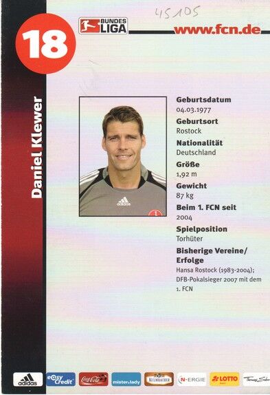 Autogramm Fussball | 1. FC Nürnberg | 2008 Portrait | Daniel KLEWER