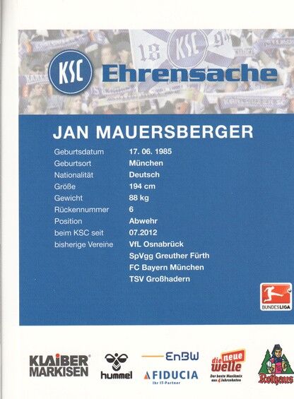Autogramm Fussball | Karlsruher SC | 2013 | Jan MAUERSBERGER