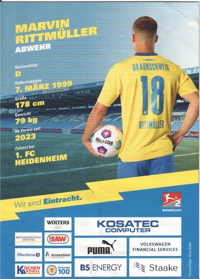 Autogramm Fussball | Eintracht Braunschweig | 2023 | Marvin RITTMÜLLER