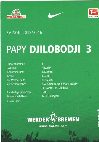 Autogramm Fussball | SV Werder Bremen | 2015 | Papy DJILOBODJI