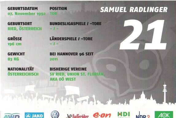 Autogramm Fussball | Hannover 96 | 2011 | Samuel RADLINGER