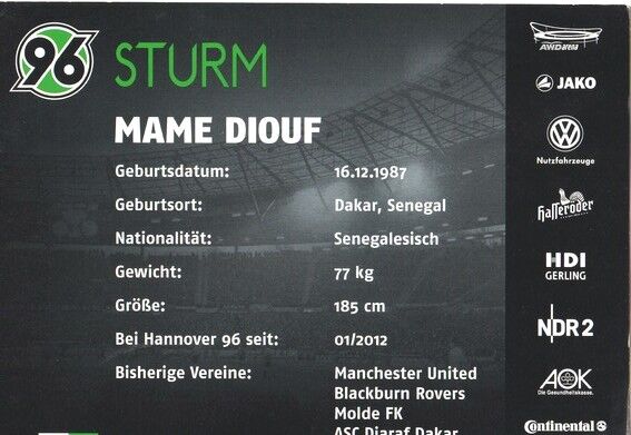 Autogramm Fussball | Hannover 96 | 2012 | Mame DIOUF