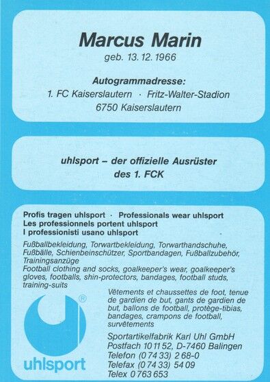 Autogramm Fussball | 1. FC Kaiserslautern | 1994 Uhlsport | Marcus MARIN