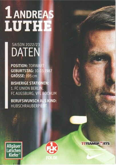 Autogramm Fussball | 1. FC Kaiserslautern | 2022 | Andreas LUTHE