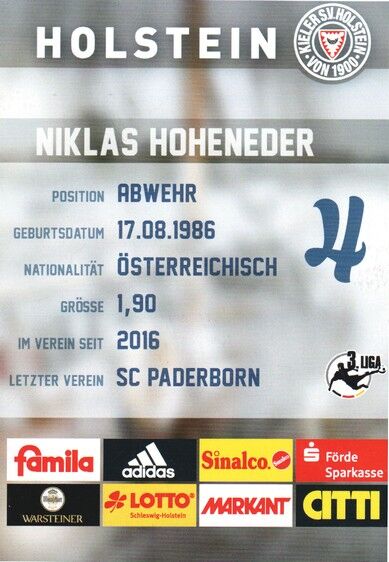 Autogramm Fussball | Holstein Kiel | 2016 | Niklas HOHENEDER