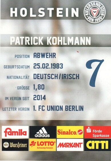 Autogramm Fussball | Holstein Kiel | 2016 | Patrick KOHLMANN