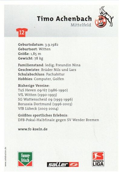 Autogramm Fussball | 1. FC Köln | 2004 | Timo ACHENBACH