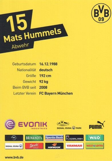Autogramm Fussball | Borussia Dortmund | 2012 | Mats HUMMELS