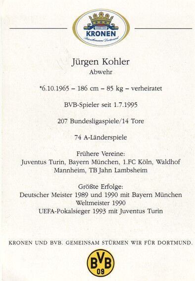 Autogramm Fussball | Borussia Dortmund | 1995 Kronen | Jürgen KOHLER