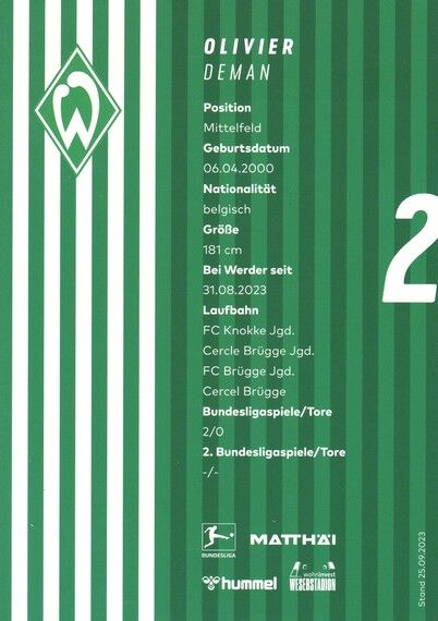 Autogramm Fussball | SV Werder Bremen | 2023 | Olivier DEMAN