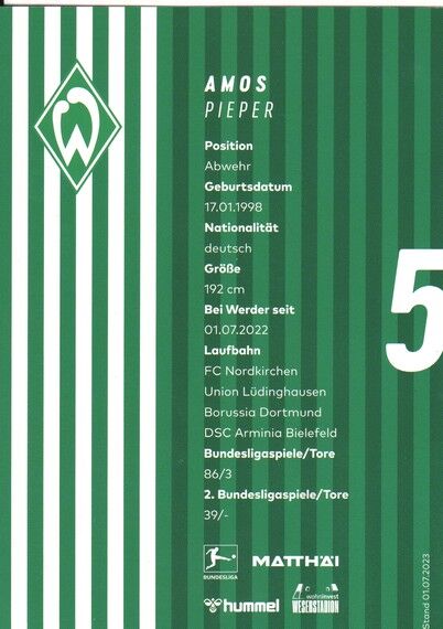 Autogramm Fussball | SV Werder Bremen | 2023 | Amos PIEPER