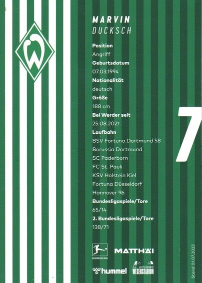 Autogramm Fussball | SV Werder Bremen | 2023 | Marvin DUCKSCH