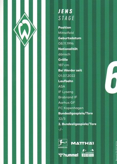 Autogramm Fussball | SV Werder Bremen | 2023 | Jens STAGE