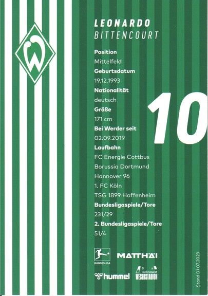 Autogramm Fussball | SV Werder Bremen | 2023 | Leonardo BITTENCOURT