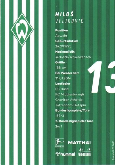 Autogramm Fussball | SV Werder Bremen | 2023 | Milos VELJKOVIC