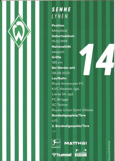Autogramm Fussball | SV Werder Bremen | 2023 | Senne LYNEN