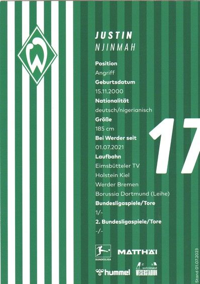 Autogramm Fussball | SV Werder Bremen | 2023 | Justin NJINMAH