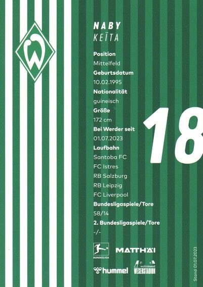 Autogramm Fussball | SV Werder Bremen | 2023 | Naby KEITA