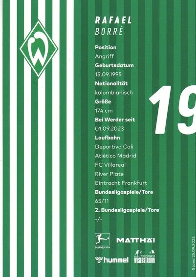 Autogramm Fussball | SV Werder Bremen | 2023 | Rafael BORRE
