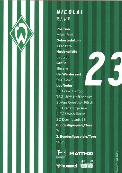 Autogramm Fussball | SV Werder Bremen | 2023 | Nicolai RAPP