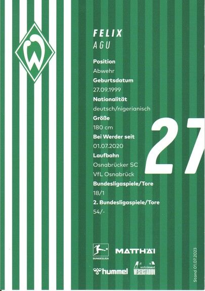 Autogramm Fussball | SV Werder Bremen | 2023 | Felix AGU