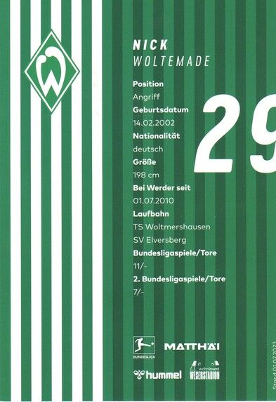 Autogramm Fussball | SV Werder Bremen | 2023 | Nick WOLTEMADE