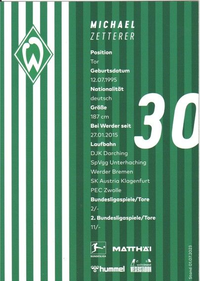 Autogramm Fussball | SV Werder Bremen | 2023 | Michael ZETTERER